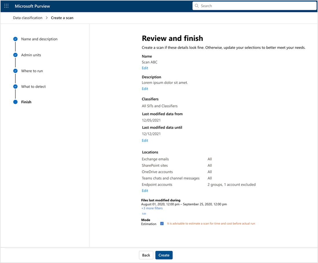 Review and finish step of scan creation in Microsoft Purview, with an Estimation mode option highlighted