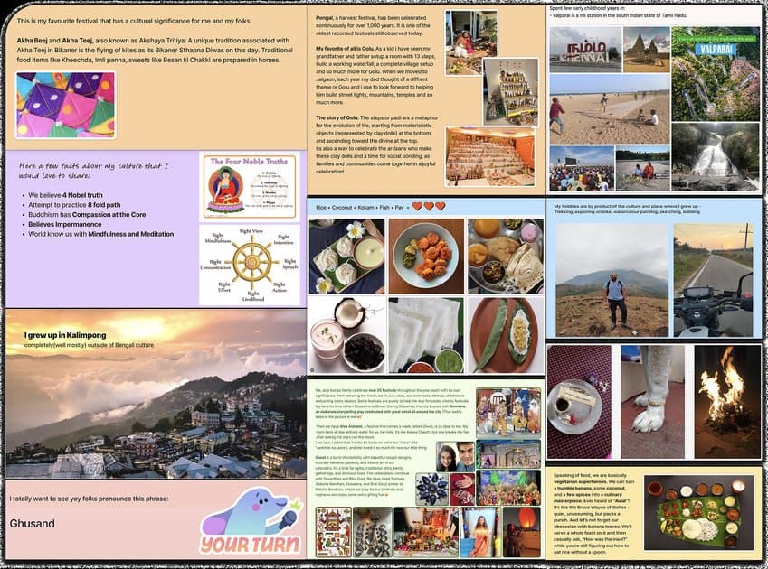 A colourful shared board of photos and notes from a virtual team-bonding activity