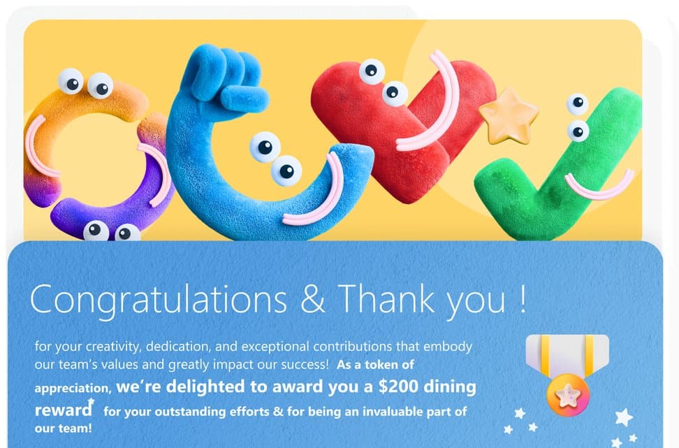 A “Congratulations & Thank you!” UX recognition award card with colourful 3D lettering