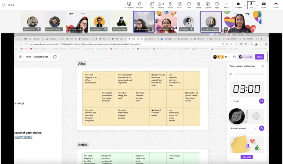 A video call full of colleagues during a virtual team-bonding game, with a shared whiteboard of sticky notes