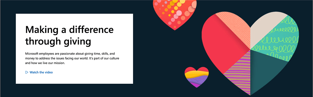 Microsoft Give campaign banner reading “Making a difference through giving”, with colourful hearts