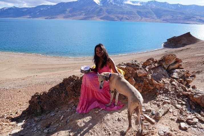 Sitting on rocks above a turquoise lake in Ladakh in a pink dress, with a dog beside her