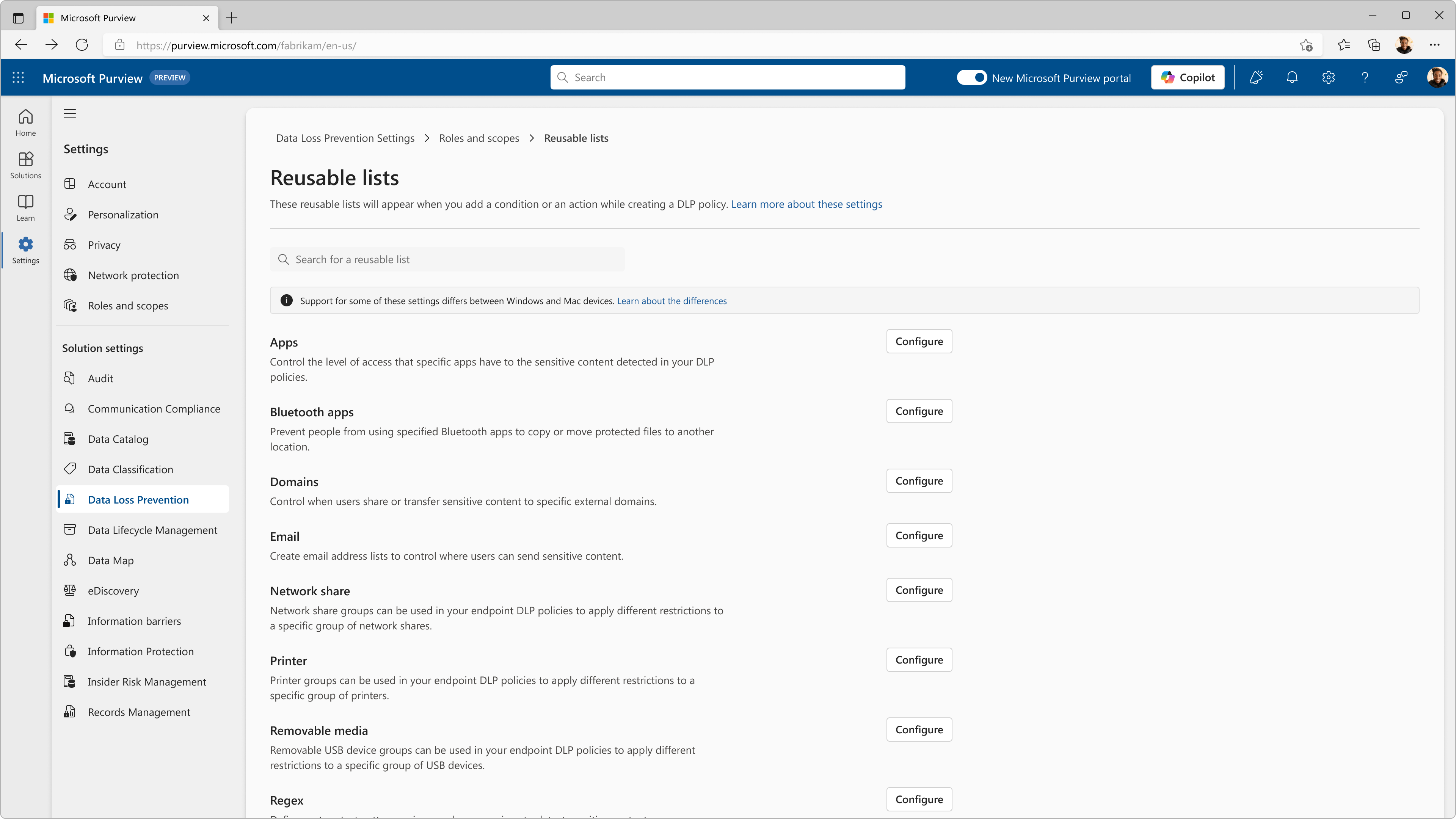 Reusable lists settings page in Microsoft Purview, listing configurable list types such as apps, domains, and file paths