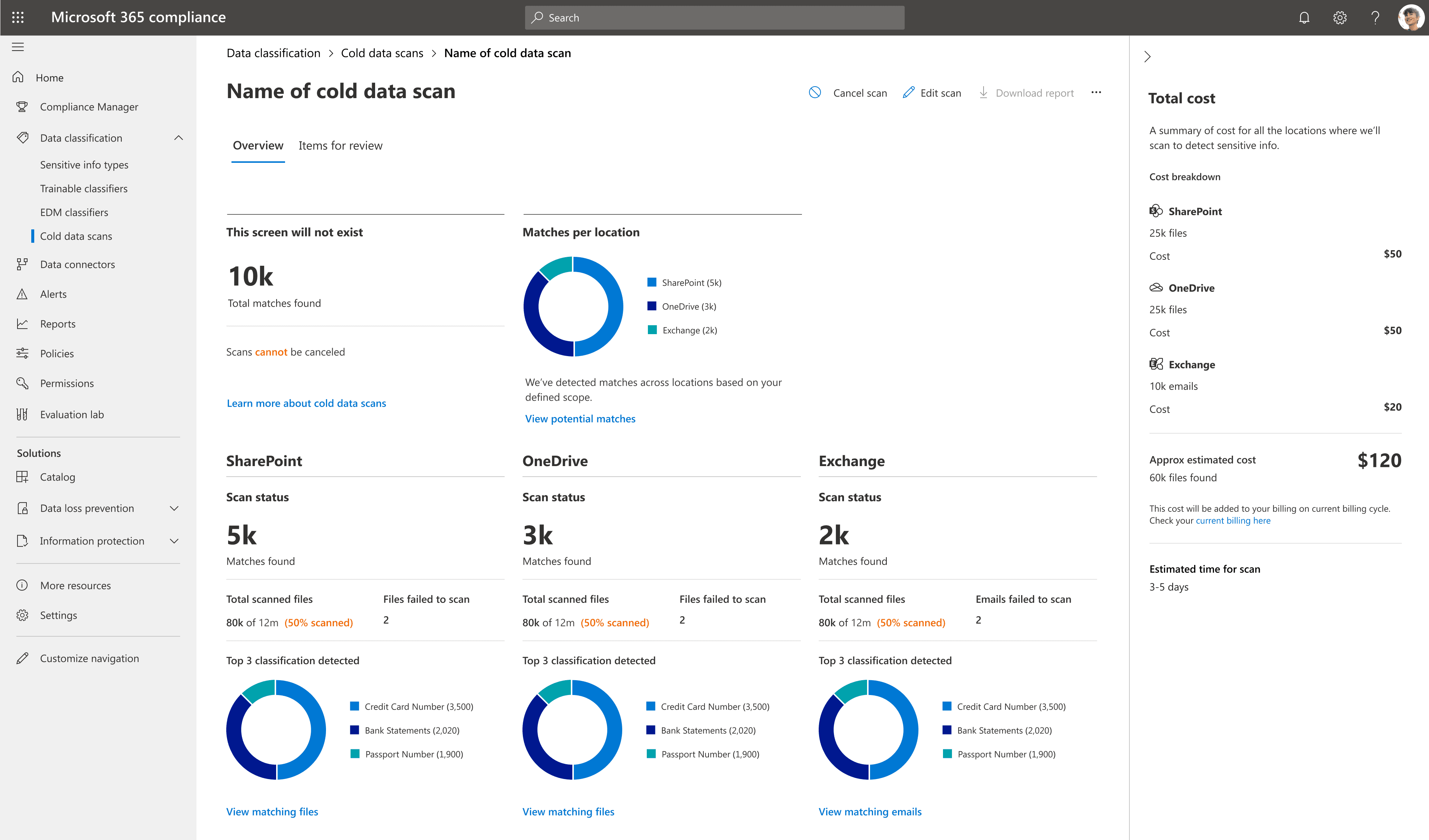 Scans cannot be cancelled screen in Microsoft 365 compliance, cold data scan view